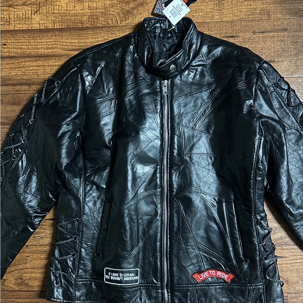 Diamond Plate Men’s Size 3 X-Large Motorcycle  Black Leather Patches Jacket ~New - Picture 5 of 16